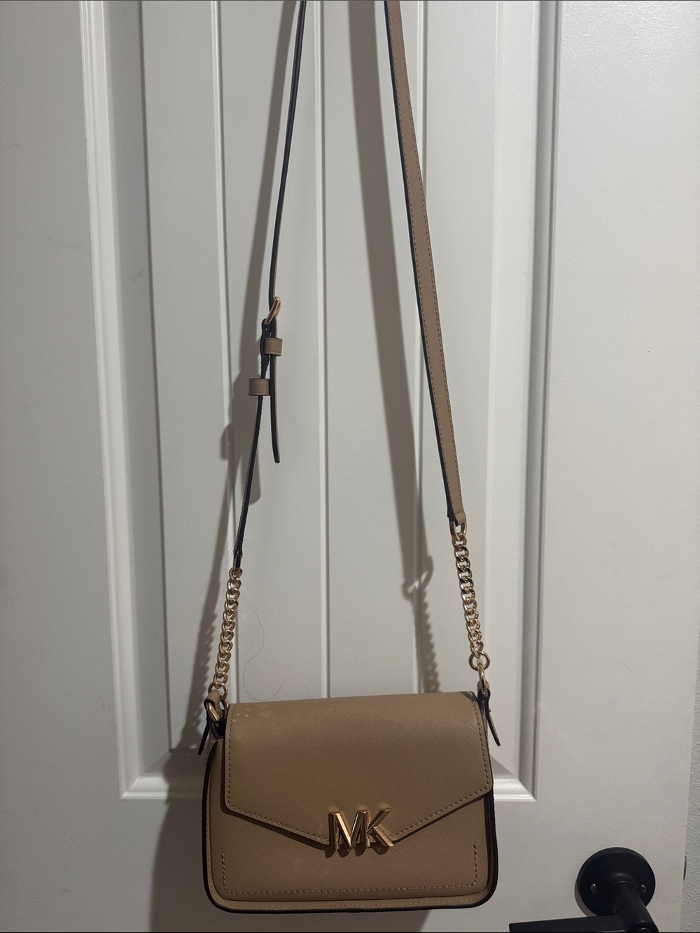 Michael Kors Taupe Leather MK Chain-Trim Crossbody Bag